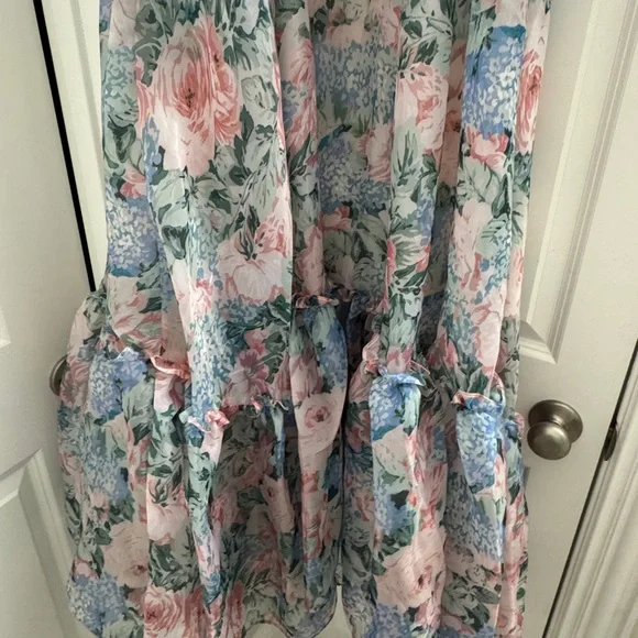 Pink and Blue puff sleeve floral floor length dress - Picture 3 of 5